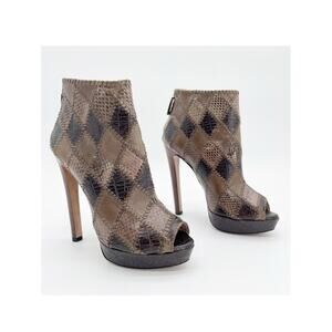 Prada Taupe Brown Mixed Croc Snakeskin Embossed Patchwork Peep Toe Booties IT 38